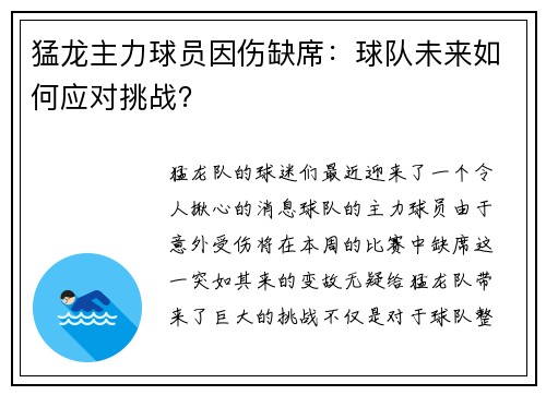 猛龙主力球员因伤缺席：球队未来如何应对挑战？